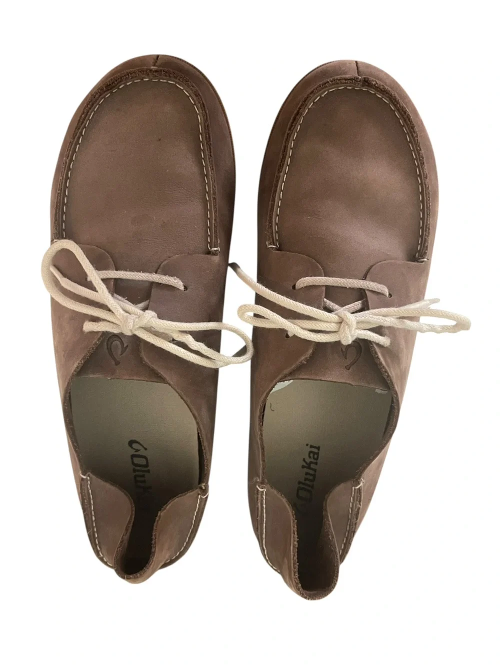 OluKai Holokai Brown Suede Moc Toe Slip-On Loafers with Cream Laces